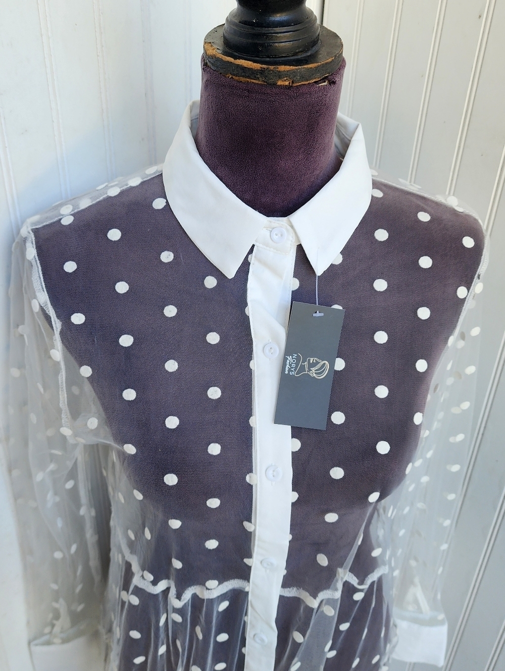 NWT Womens Spotted Design Lace Shirt Dress Cardigan White Sheer Long Sleeve L - Picture 6 of 16